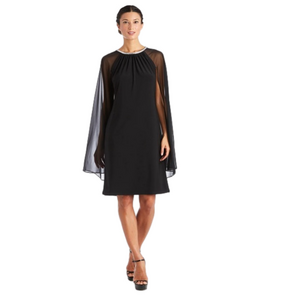 R&M Richards Black Dress with Rhinestone Neckline and Sheer Capelet Size 16 NEW